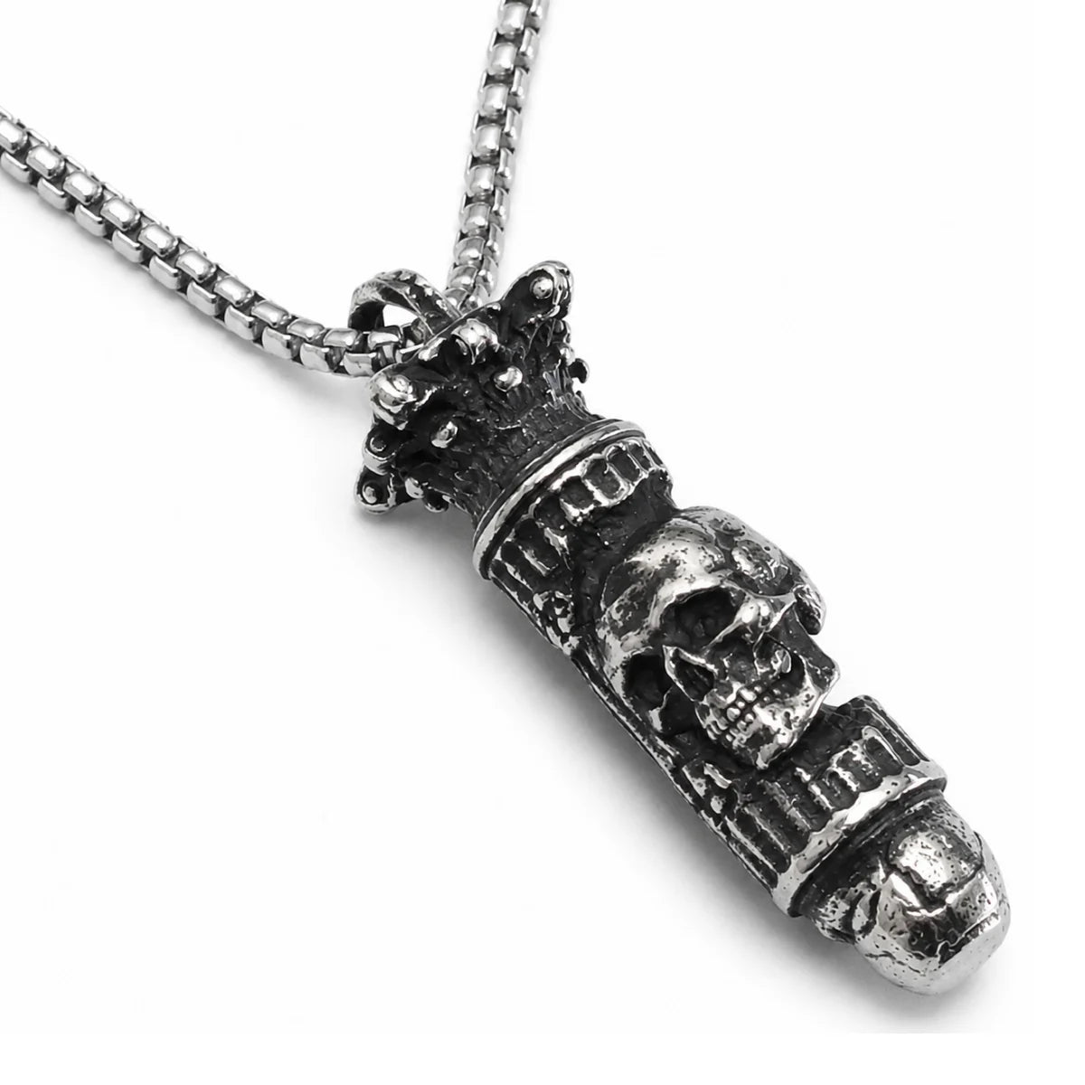Skull Bullet Necklace Silver Pendant with Chain Front View White Background