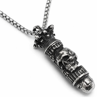 Skull Bullet Necklace Silver Pendant with Chain Front View White Background