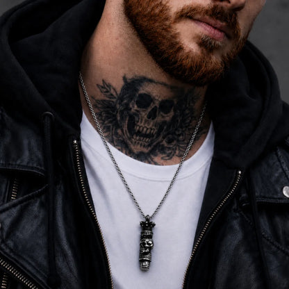 Skull Bullet Necklace Silver Worn by Male Model Chest View