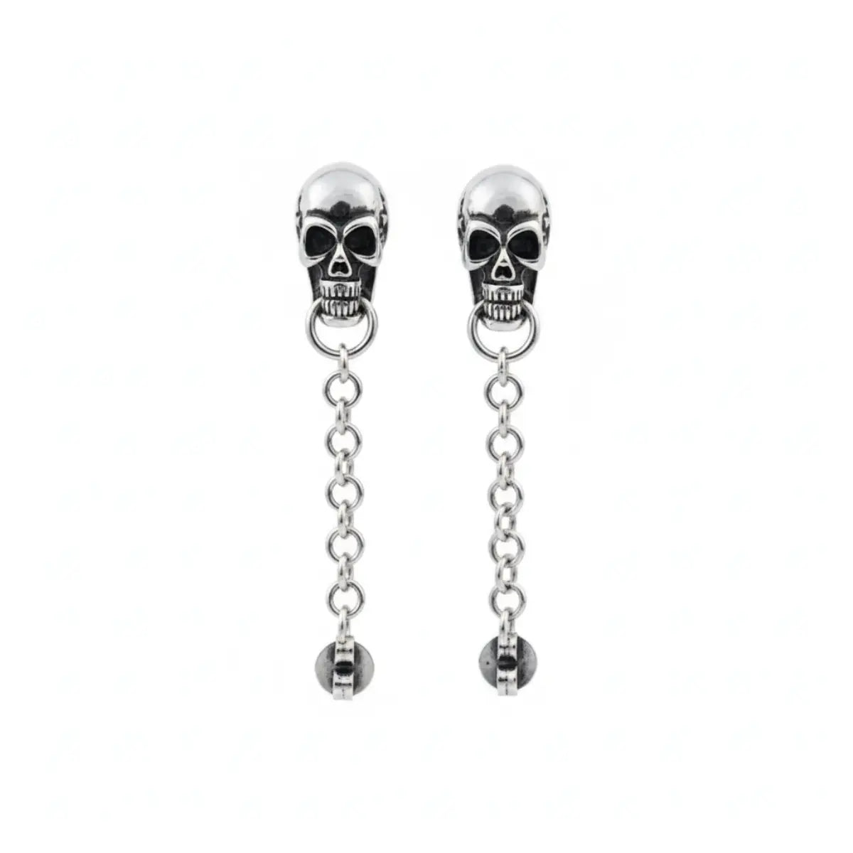 Skull Chain Dangle Stud Earrings Sterling Silver Front