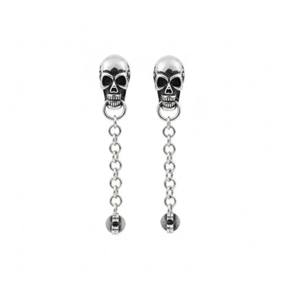 Skull Chain Dangle Stud Earrings Sterling Silver Front