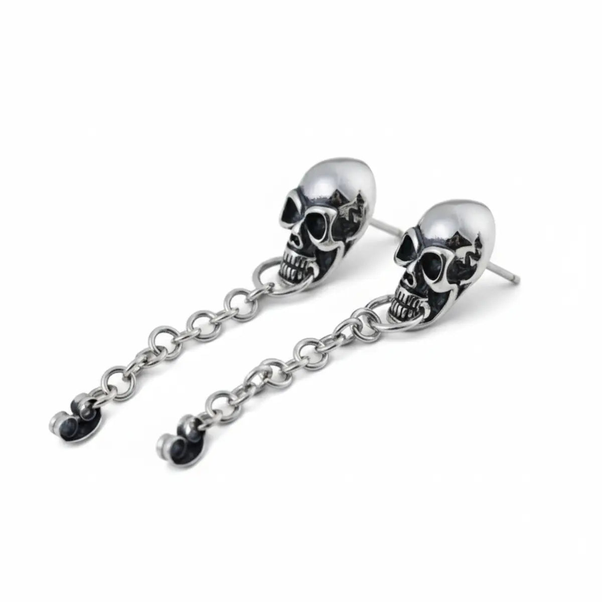 Skull Chain Dangle Stud Earrings Sterling Silver Side