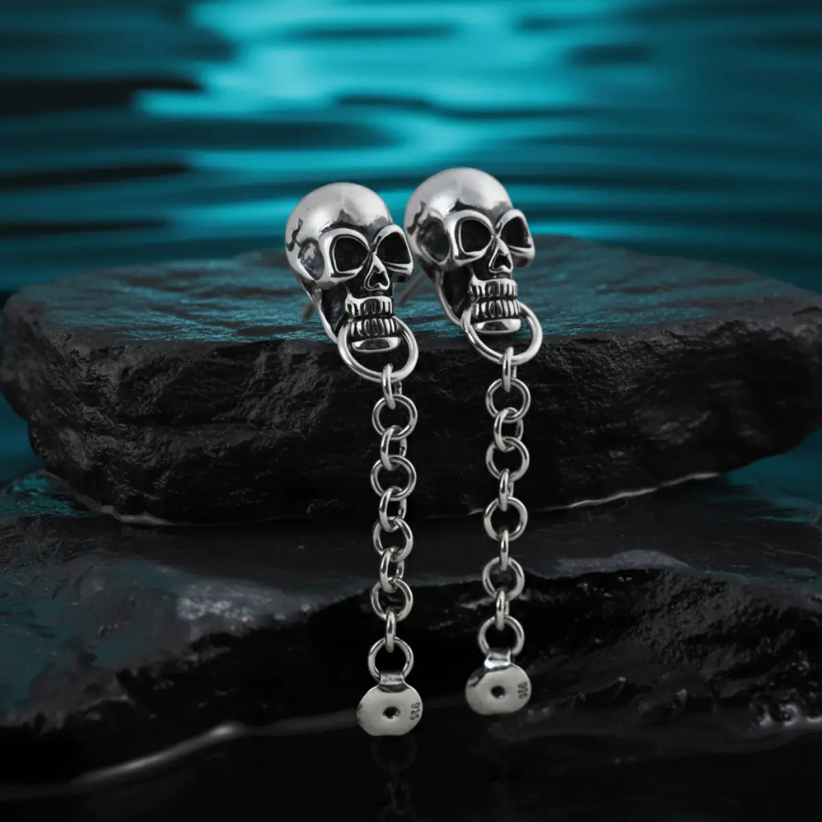 Skull Chain Dangle Stud Earrings Sterling Silver