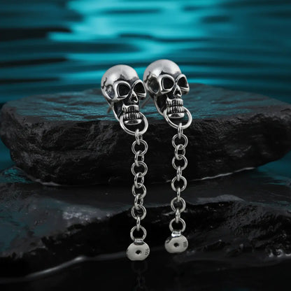 Skull Chain Dangle Stud Earrings Sterling Silver