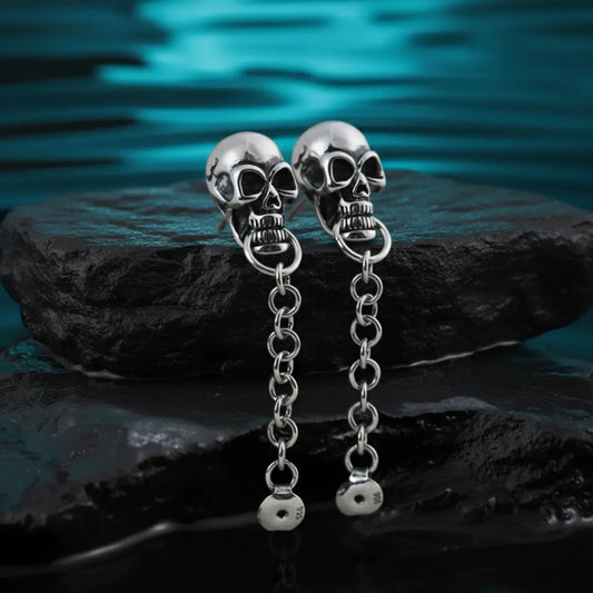 Skull Chain Dangle Stud Earrings Sterling Silver