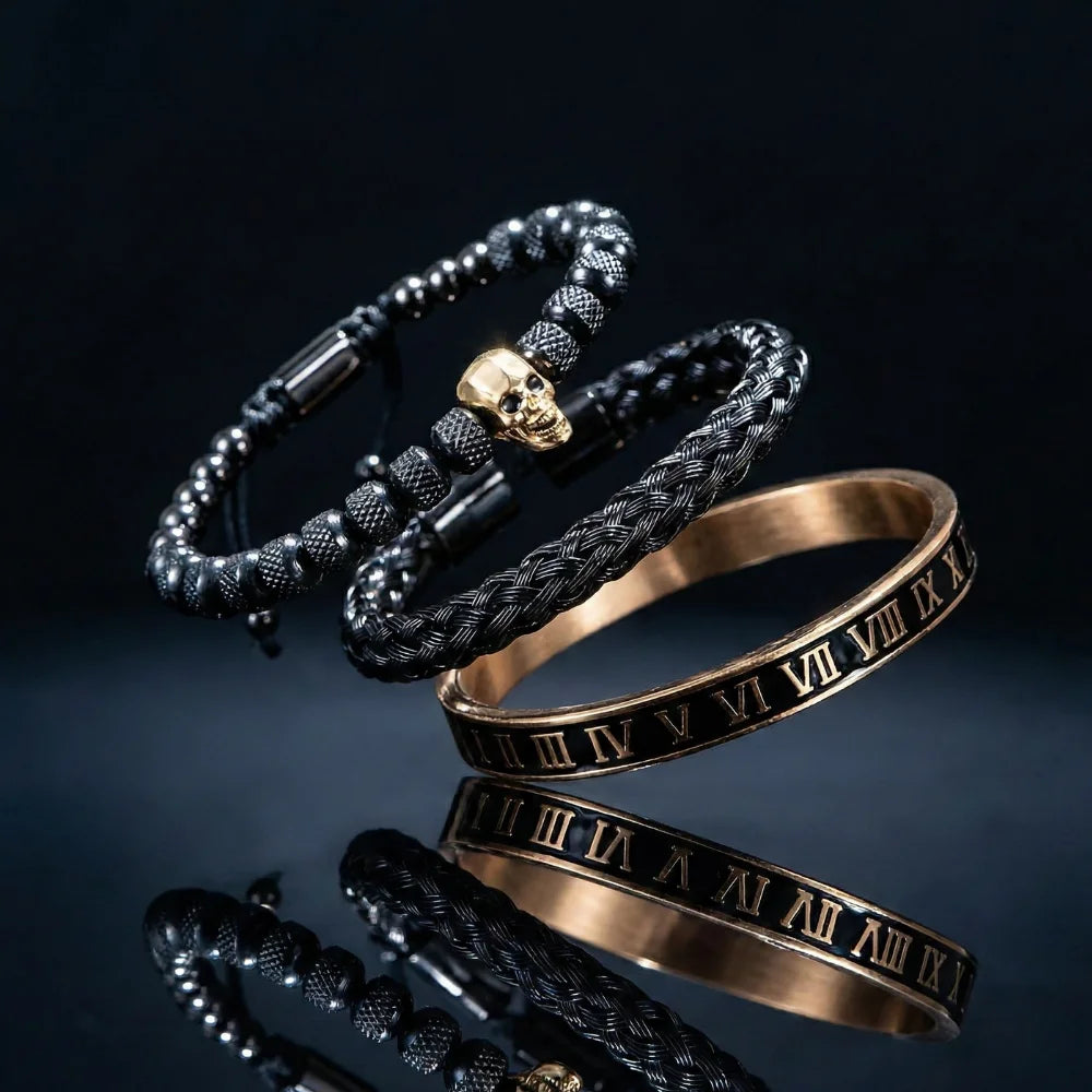 Skull Charm Bracelet with Roman Numerals Black Gold Details