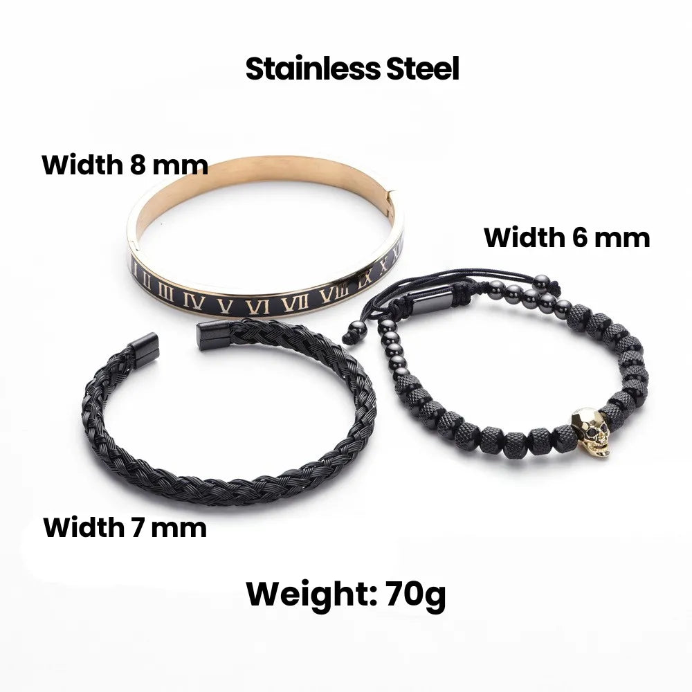 Skull Charm Bracelet with Roman Numerals Black Gold Dimensions and Weight