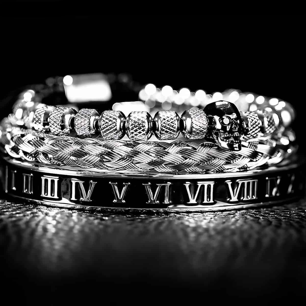 Skull Charm Bracelet with Roman Numerals Black Silver