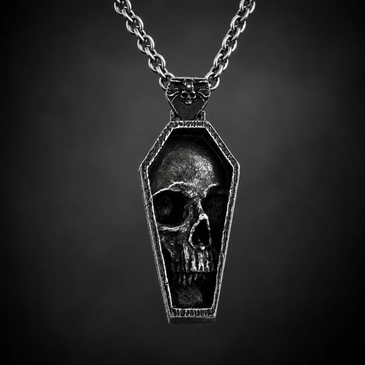 Skull Coffin Necklace Silver Close Up Black Background