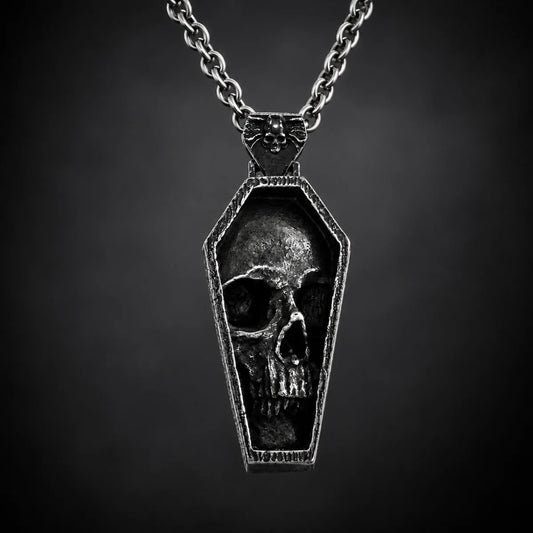 Skull Coffin Necklace Silver Close Up Black Background