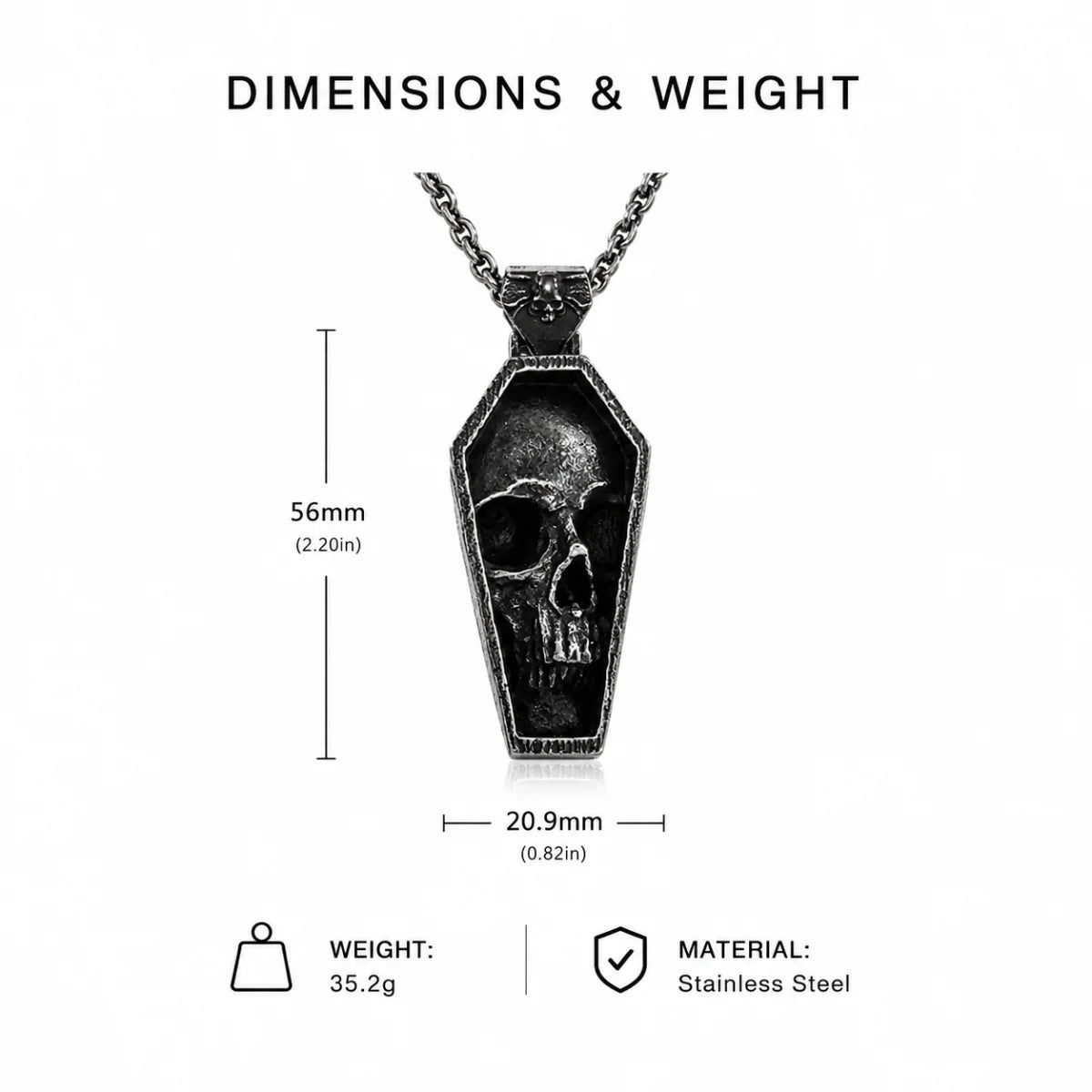 Skull Coffin Necklace Silver Dimension Diagram 58.0mm 2.28inch and 20.0mm 0.79inch 31.7g 1.12oz