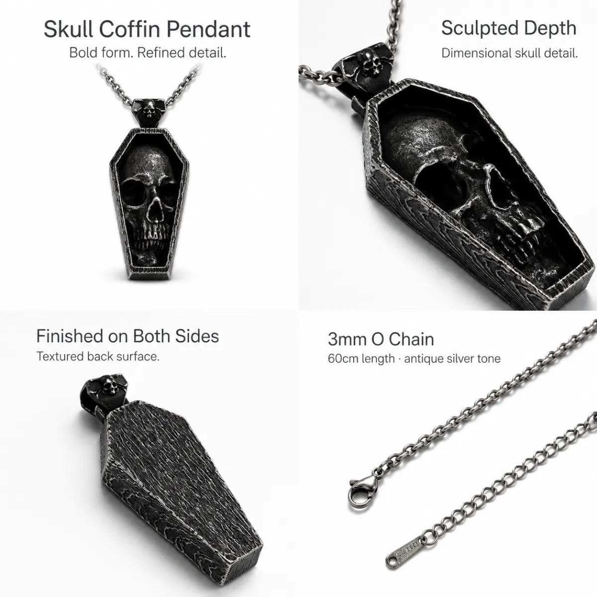 Skull Coffin Necklace Silver Multi Angle Product Feature Showcase