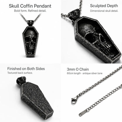 Skull Coffin Necklace Silver Multi Angle Product Feature Showcase