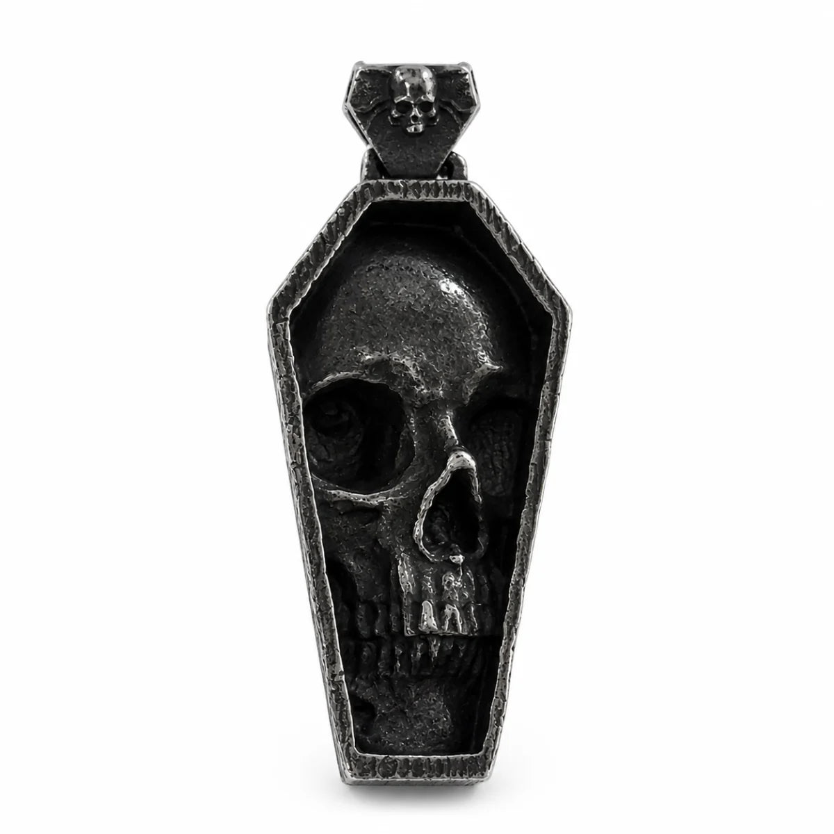 Skull Coffin Necklace Silver Pendant Only Front View White Background