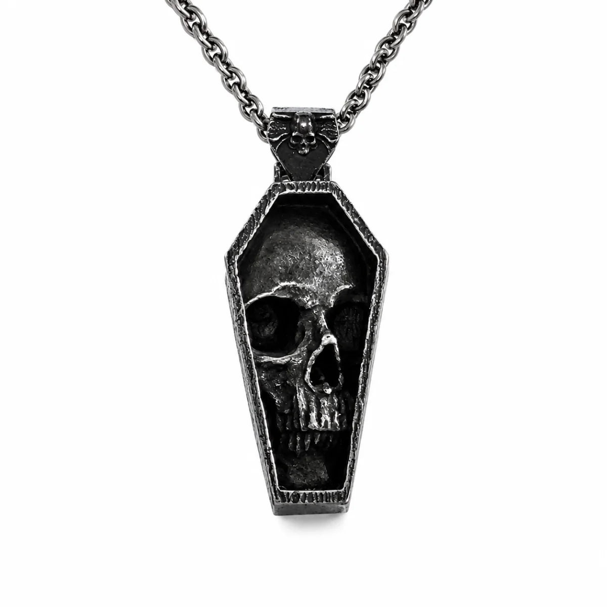 Skull Coffin Necklace Silver Pendant with Chain Front View White Background