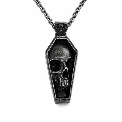 Skull Coffin Necklace Silver Pendant with Chain Front View White Background