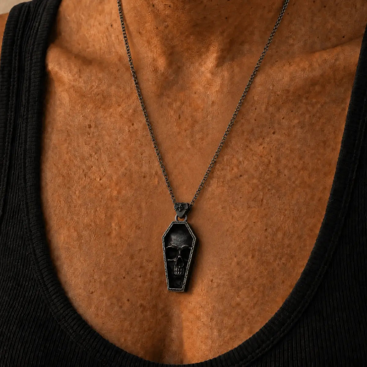 Skull Coffin Necklace Silver Worn by Female Model Chest View