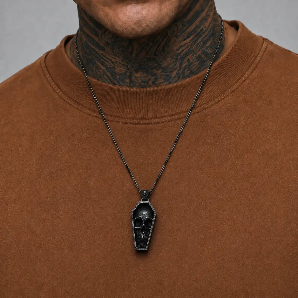 Skull Coffin Necklace Silver Worn by Male Model Far View