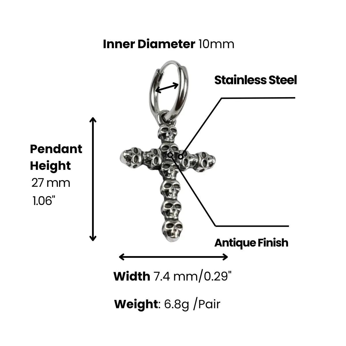 Skull Cross Dangle Hoop Earrings Dimensions and Weight