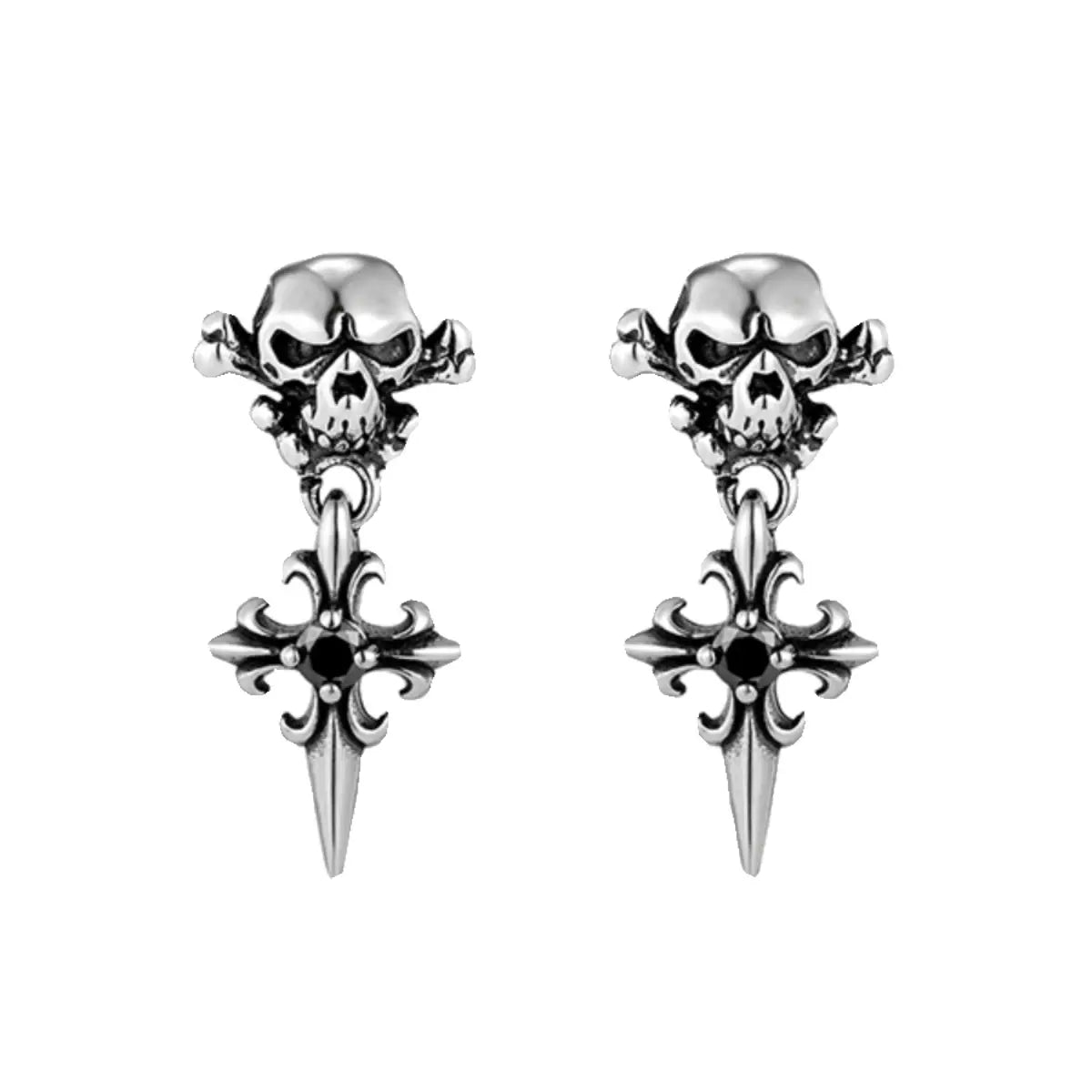 Skull Cross Drop Stud Earrings Black CZ Pair