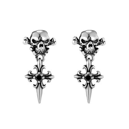 Skull Cross Drop Stud Earrings Black CZ Pair