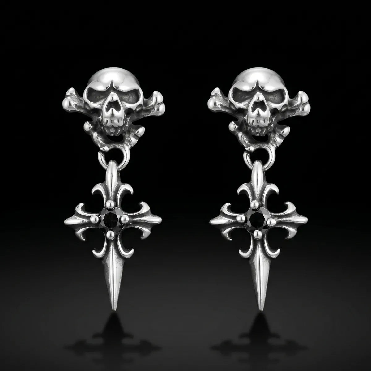 Skull Cross Drop Stud Earrings Black CZ Front View