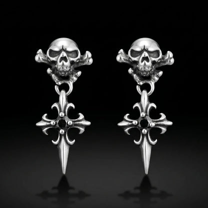 Skull Cross Drop Stud Earrings Black CZ Front View