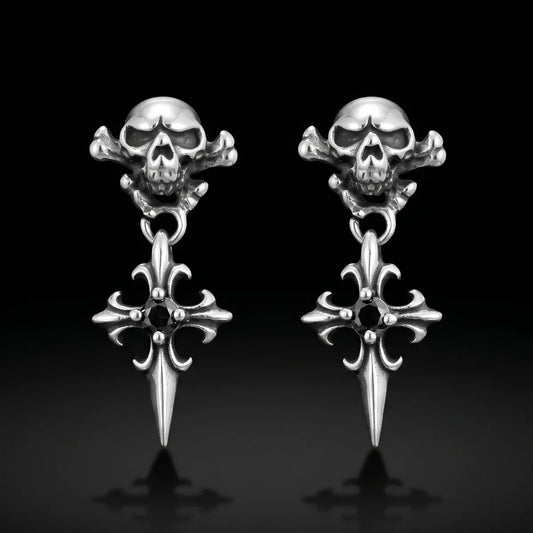 Skull Cross Drop Stud Earrings Black CZ Front View