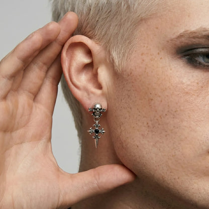 Skull Cross Drop Stud Earrings Black CZ Worn by Male Model Side View