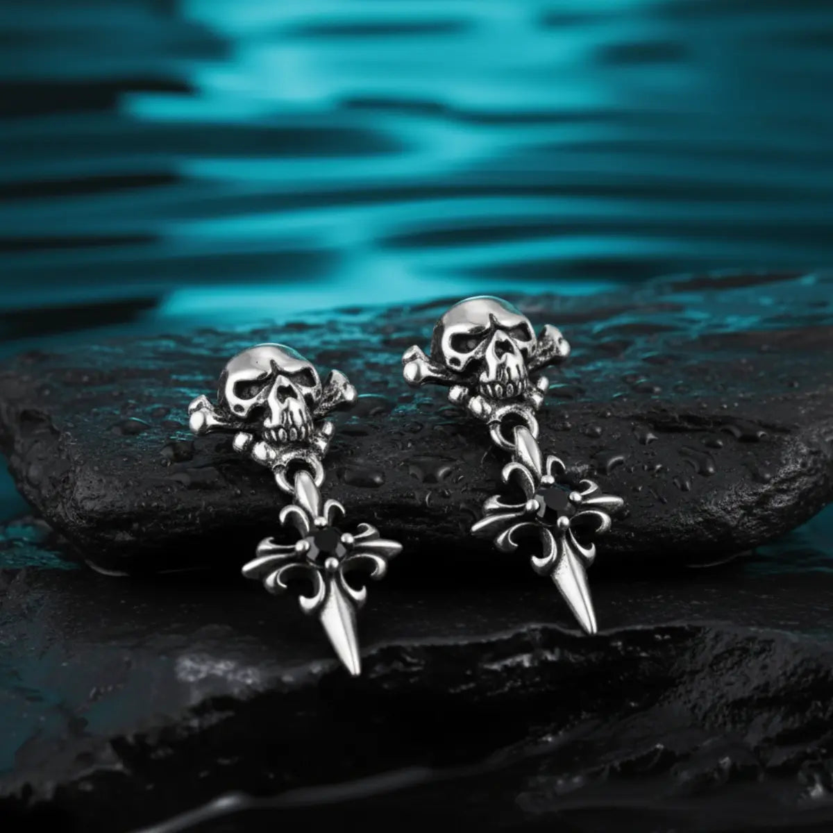 Skull Cross Drop Stud Earrings Black CZ