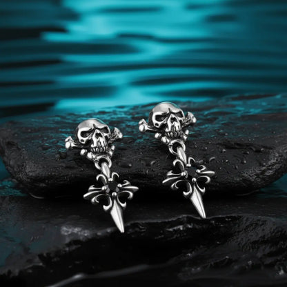 Skull Cross Drop Stud Earrings Black CZ