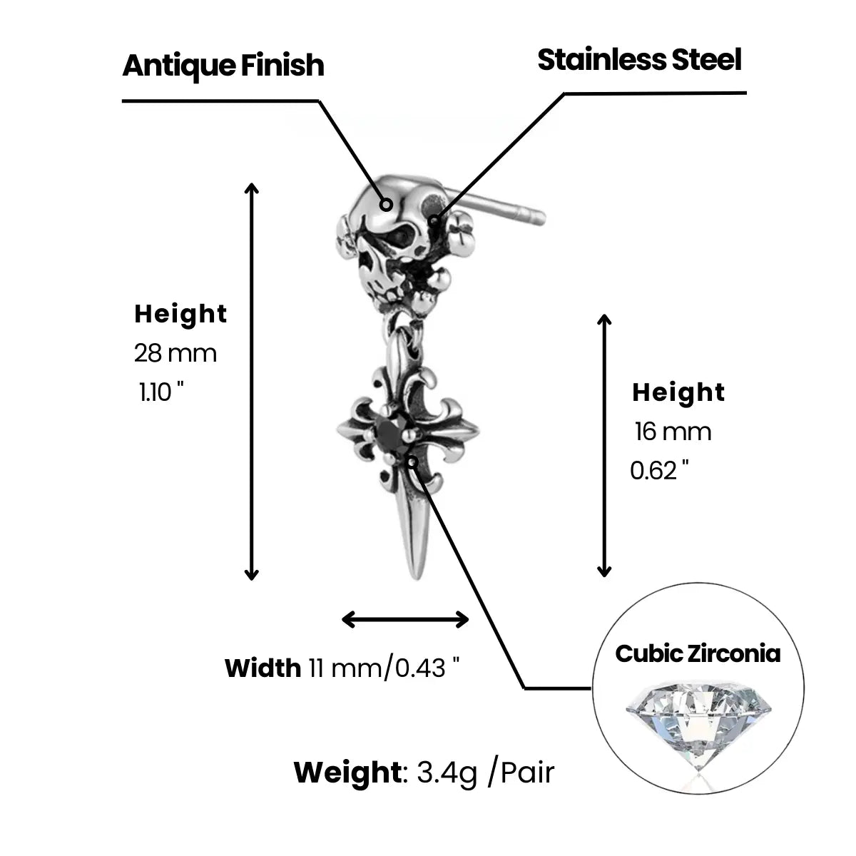 Skull Cross Drop Stud Earrings Dimensions and Weight