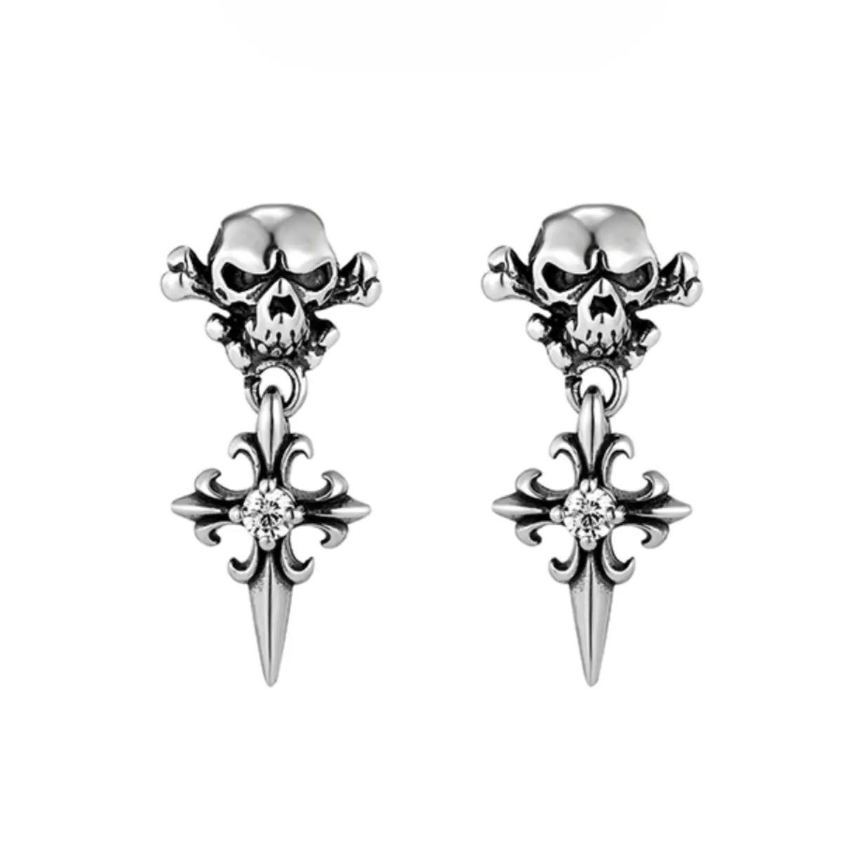 Skull Cross Drop Stud Earrings White CZ Pair