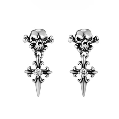 Skull Cross Drop Stud Earrings White CZ Pair