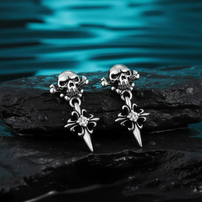 Skull Cross Drop Stud Earrings White CZ