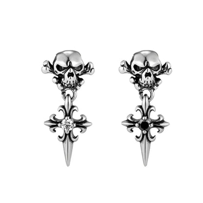 Skull Cross Drop Stud Earrings White and Black CZ