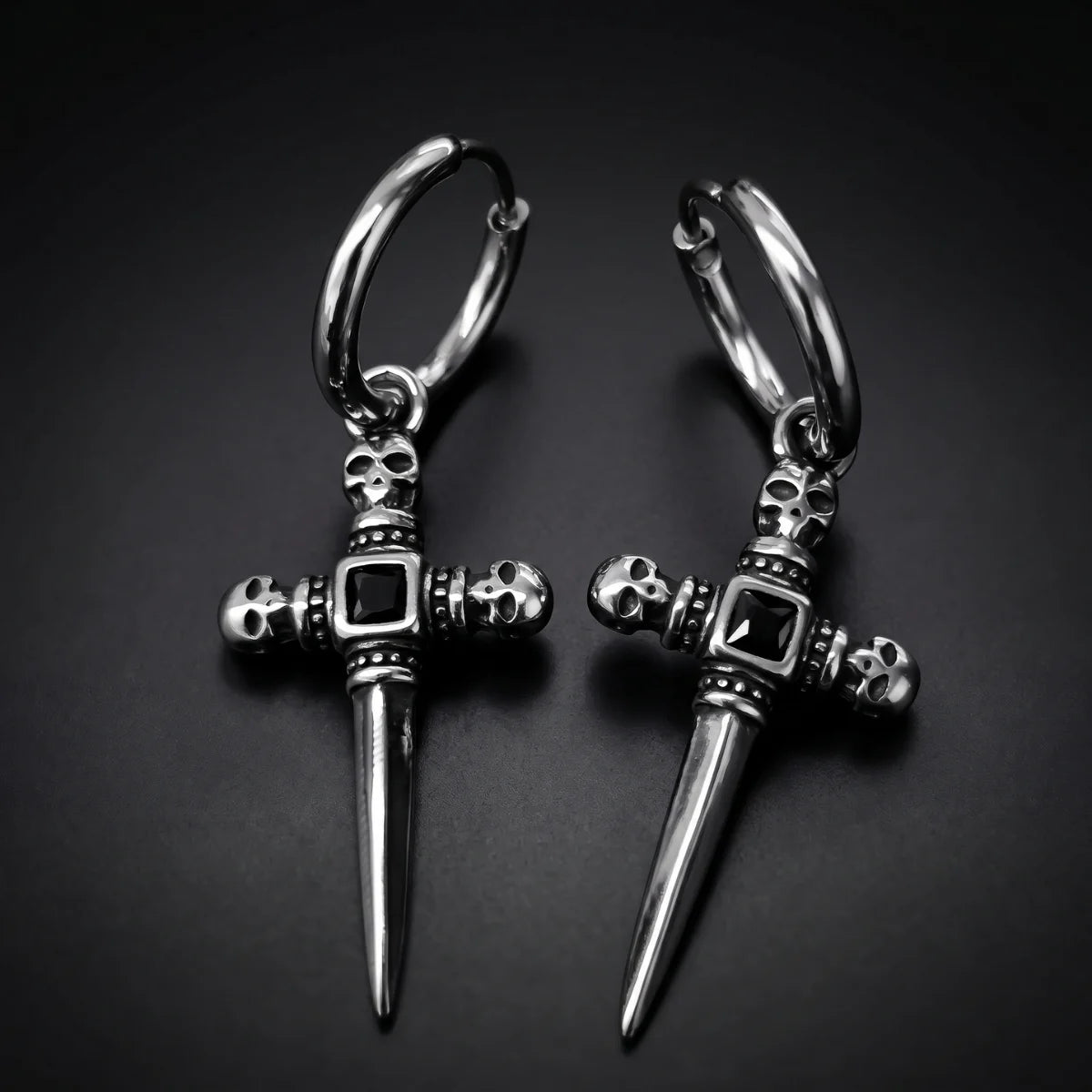 Skull Dagger Hoop Earrings Silver Close Up