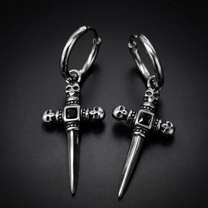 Skull Dagger Hoop Earrings Silver Close Up