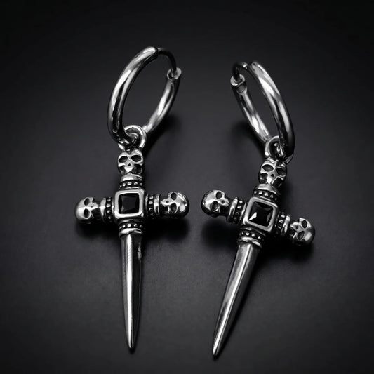 Skull Dagger Hoop Earrings Silver Close Up