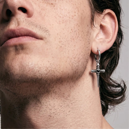 Skull Dagger Hoop Earrings Silver Worn by Male Model Look Up