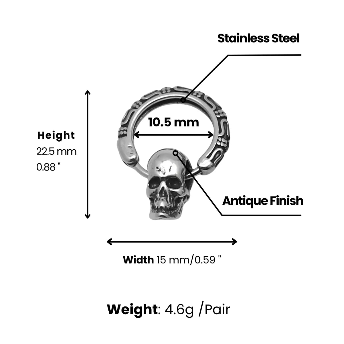 Skull Dangle Hoop Earrings Dimensions and Weight