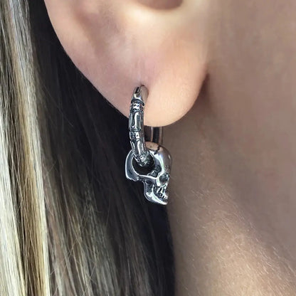 Skull Dangle Hoop Earrings Worn by Female Model Close Up