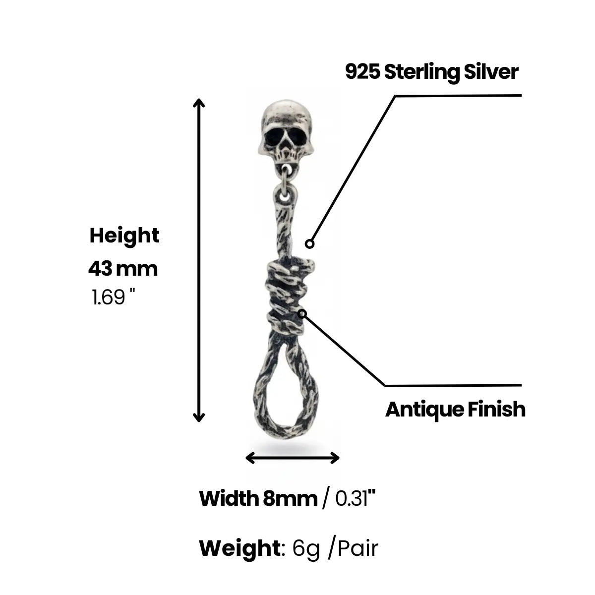 Skull Hangman's Noose Dangle Earrings Dimensions and Weight