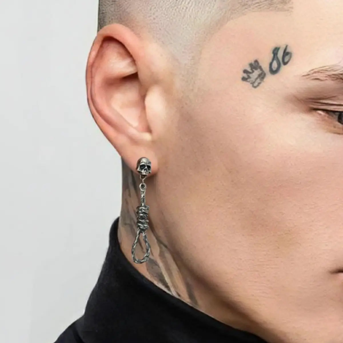 Skull Hangman's Noose Dangle Earrings Worn by Male Model