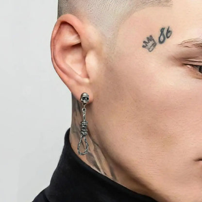 Skull Hangman's Noose Dangle Earrings Worn by Male Model