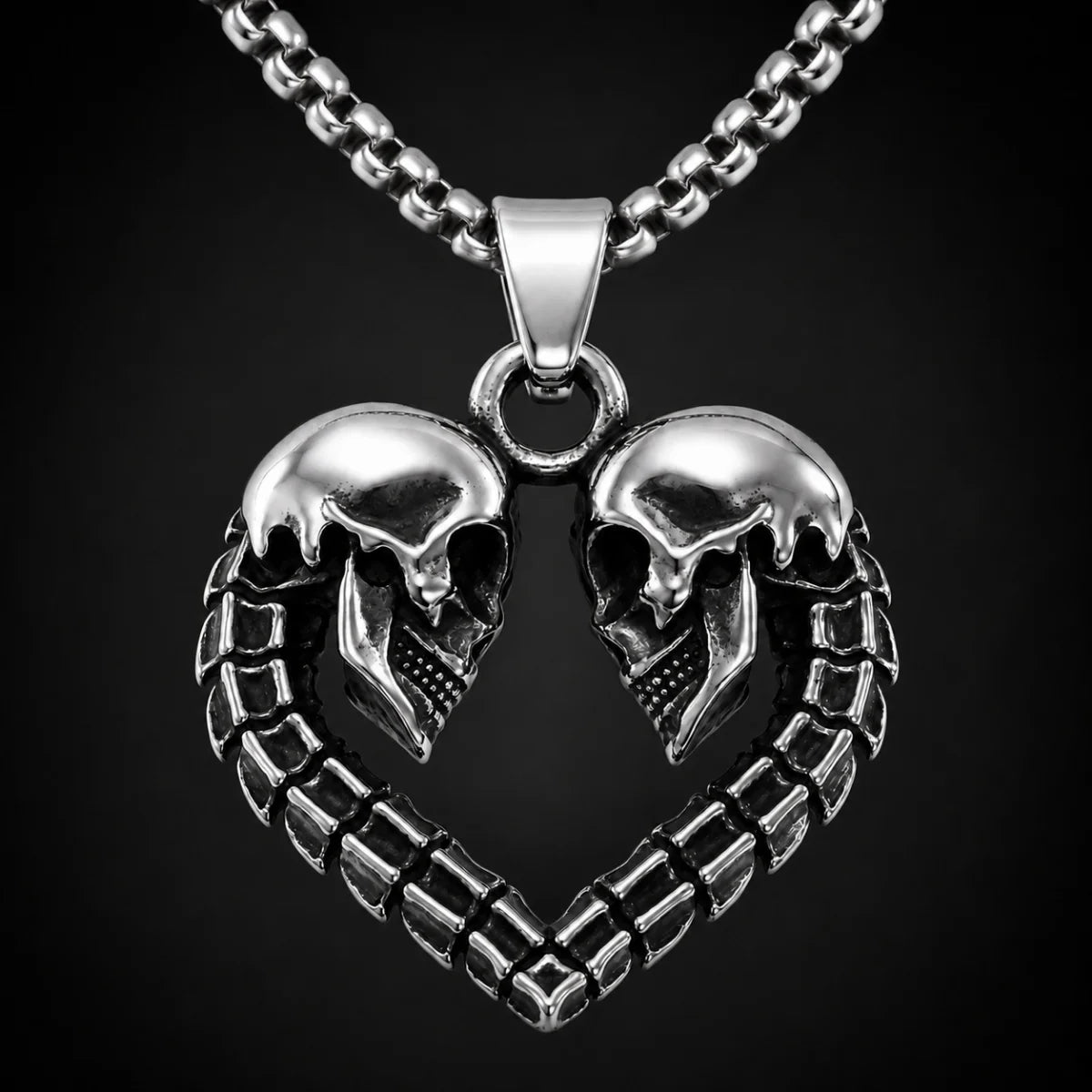 Skull Heart Necklace Silver Close Up Black Background
