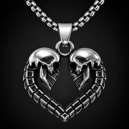 Skull Heart Necklace Silver Close Up Black Background