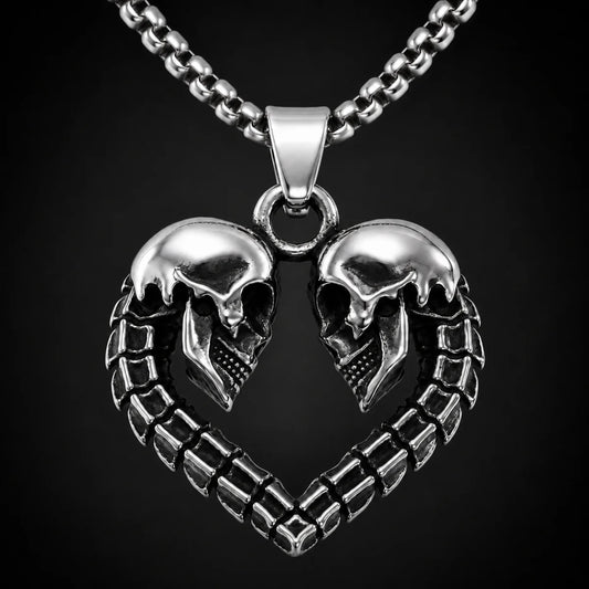 Skull Heart Necklace Silver Close Up Black Background