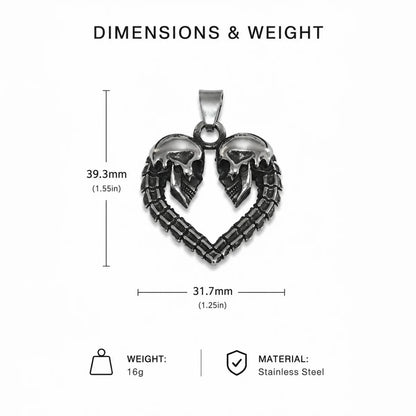 Skull Heart Necklace Silver Dimension Diagram 39.2mm 1.54inch and 35.2mm 1.39inch