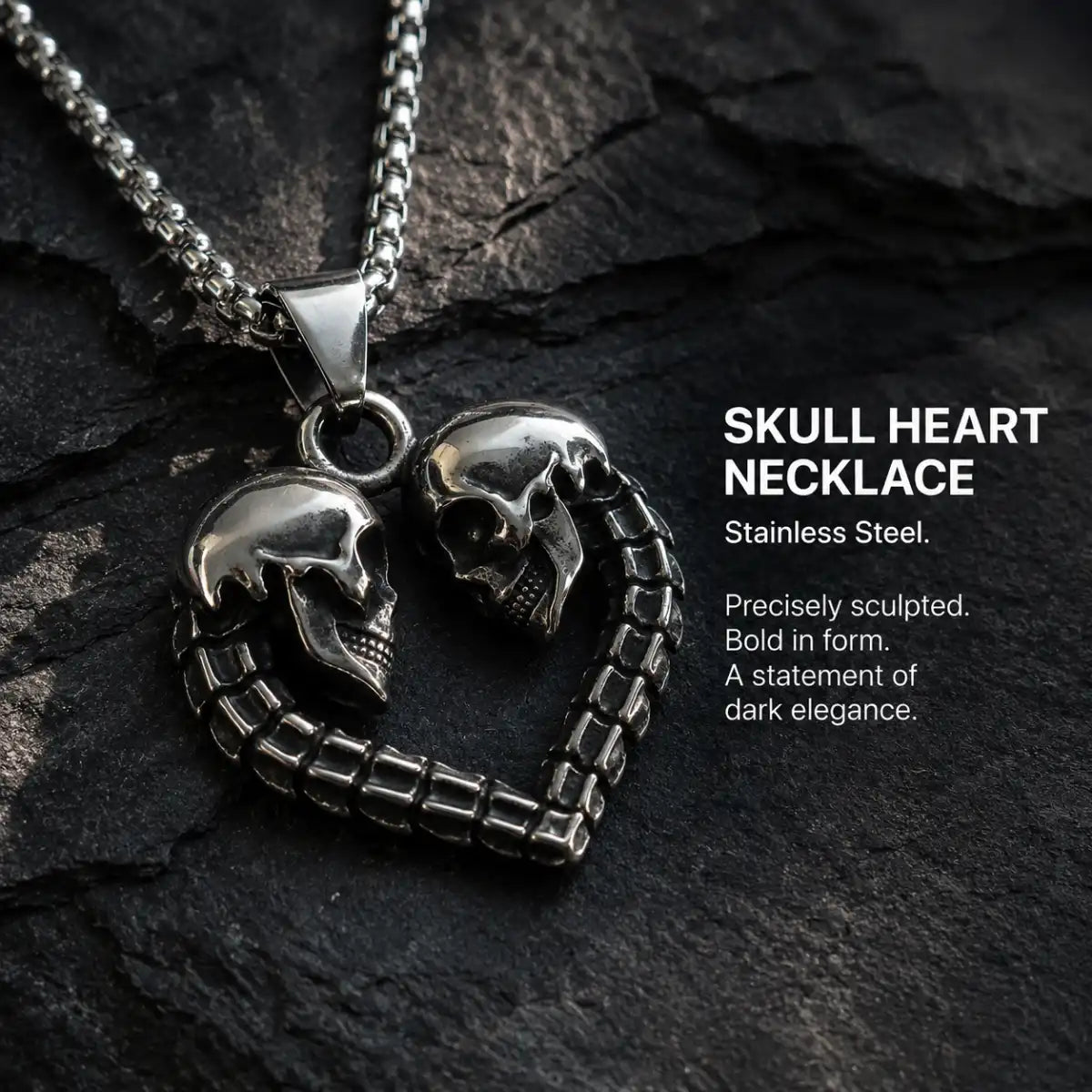 Skull Heart Necklace Silver Displayed on Stone Surface